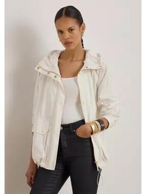 New Lauren Ralph Lauren Women’s Full Zip Hooded Wind Jacket In White Size XS